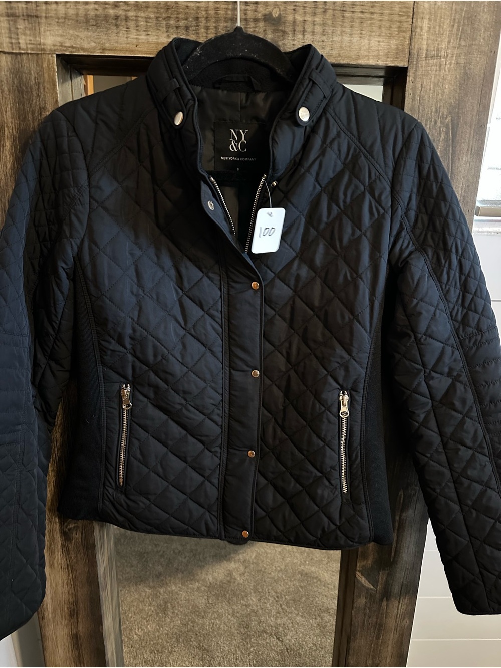 New York & Company Womens Small Black Quilted Jacket Zip Snap Stretch Coat